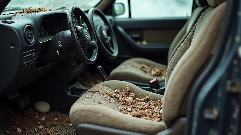 A messy car interior with dust and crumbs.