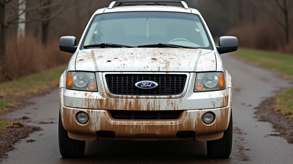 A muddy white SUV before being washed.